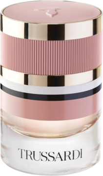 Trussardi Feminine: elegancki słoik perfumowanego kremu w odcieniach różu, złota i bieli. Widok z przodu.