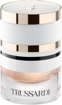 Słoiczek perfumowany Trussardi Pure Jasmine, biało-złoty z żebrowanym wzorem, widok z przodu.