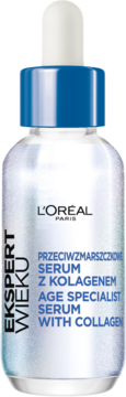 L'Oréal Ekspert Wieku przeciwzmarszczkowe serum z kolagenem w przezroczystej butelce, niebieska zakrętka, widok z przodu.