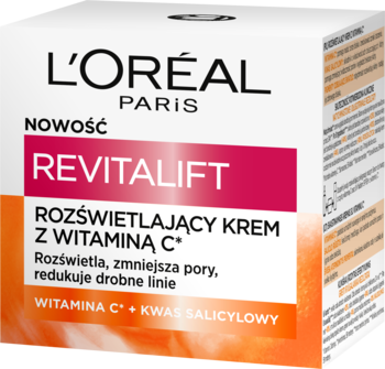 L'Oréal Revitalift C Rozświetlający Krem w białym kartoniku z różowym paskiem, widok z przodu i boku.