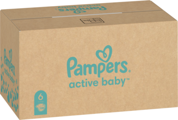 Kartonowe opakowanie pieluch Pampers Active Baby 6 (128 sztuk), widok pod kątem, z turkusowym logo.