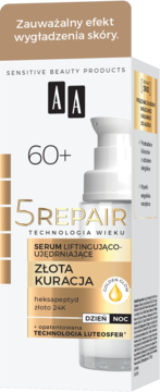 AA 5 Repair serum 60+ Złota Kuracja, białe pudełko i butelka z pompką, widok z przodu.