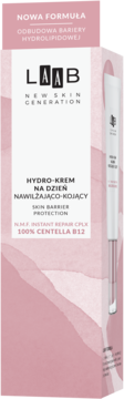 Laab Hydro-Krem na Dzień z Centella B12 w różowo-białym pudełku, odbudowujący barierę hydrolipidową, widok z przodu.