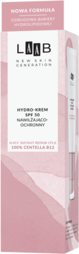 AA LAAB Hydro-krem SPF 50 Centella B12, nawilżająco-ochronny w biało-różowym pudełku, widok przód.