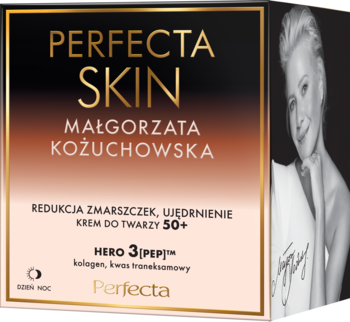 Opakowanie kremu Perfecta Skin 50+ na zmarszczki i ujędrnienie, z wizerunkiem Małgorzaty Kożuchowskiej.