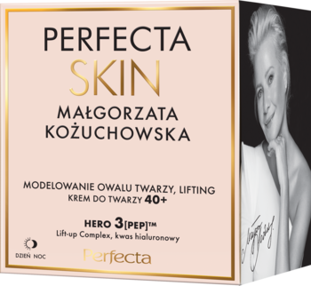 Perfecta Skin 40+ liftingujący krem z kwasem hialuronowym. Białe opakowanie z portretem Kożuchowskiej.