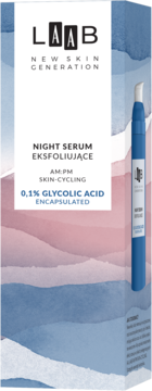 LAAB Night Serum Eksfoliujące 0,1% Glycolic Acid w białym opakowaniu z niebiesko-różowym tłem, tubka z boku.
