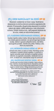 Tył białej tubki kremu nawilżającego na dzień SPF 50 z napisami w kilku językach i danymi producenta.