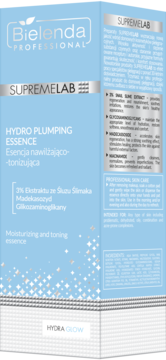 Front view of Bielenda Professional Hydro Plumping Essence box, light blue with white text and snail extract details.