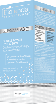 Bielenda SUPREMELAB DOUBLE POWER HYDRO SHOT, dwufazowy koncentrat z śluzem ślimaka, widok z boku niebieskiego pudełka.