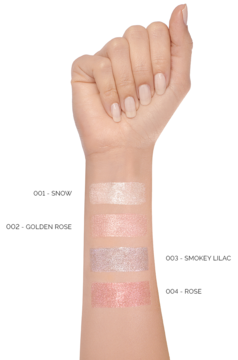 Cztery błyszczące swatche Pupa Vamp! Liquid Eyeshadow: Snow, Golden Rose, Smokey Lilac, Rose, na ręce.