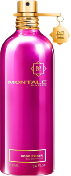 Fuksjowa metaliczna butelka perfum Montale Rose Elixir 100ml, ze złotym korkiem, widok z przodu.
