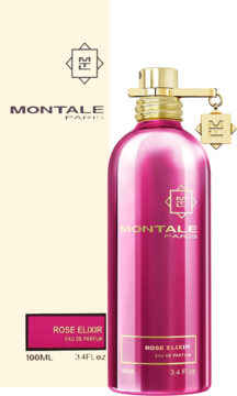 Montale Rose Elixir EDP: różowa, metaliczna butelka perfum ze złotym atomizerem i białym opakowaniem, widok z przodu.