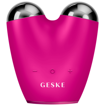 Fuksjowy GESKE mikroprądowy lifting do twarzy 6w1, z dwoma srebrnymi kulistymi rolkami i logo, widok z przodu.