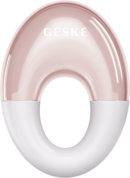Geske masażer do oczu Cool & Warm 7w1, różowa błyszcząca część górna, biała dolna, widok z przodu.
