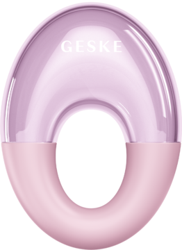 Różowy masażer Geske Cool & Warm 7w1 do okolic oczu, U-kształtny, z przezroczystą górą i widocznym logo.