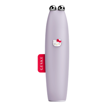 Liliowy Geske Microcurrent Face-Lift Pen 6w1 z logo Hello Kitty, do liftingu twarzy, widok z boku na czarnym tle.