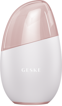 Masażer Geske Cool & Warm 7w1, w kształcie jajka, biało-różowy, z półprzezroczystą górą i logo. Widok z przodu.