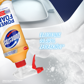 Domestos Power Foam, butelka z pianą w sprayu, odwrócona do góry nogami, czyszcząca białą toaletę.