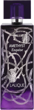 Flakon Lalique Amethyst Exquise, ciemnofioletowy z srebrnymi pnączami i jagodami, fioletowy dół butelki, widok frontalny.