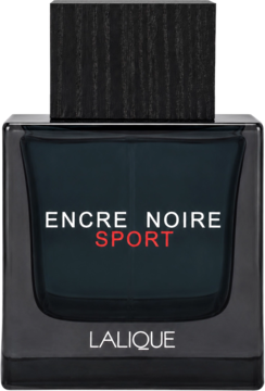 Encre Noire Sport Lalique męska woda toaletowa, czarny, prostokątny flakon z teksturowaną nakrętką, widok z przodu.