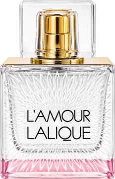 Lalique L’Amour Eau de Parfum w eleganckiej, szklanej butelce z grawerem słońca, złotym korkiem i różowym dnem.