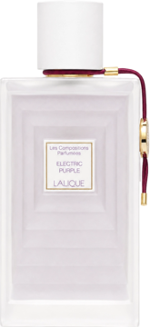 Woda perfumowana Lalique Electric Purple w prostokątnej butelce z subtelnym fioletowym wzorem, białą nakrętką i bordową wstążką.