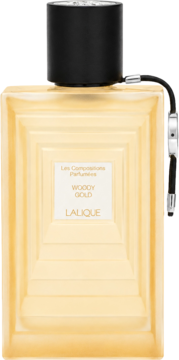 Złota woda perfumowana Lalique Les Compositions Parfumees Woody Gold, butelka z czarną nakrętką, geometryczny wzór.