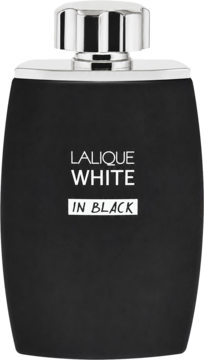 Perfumy Lalique White in Black dla mężczyzn. Elegancki czarny matowy flakon ze srebrną nakrętką, widok z przodu.