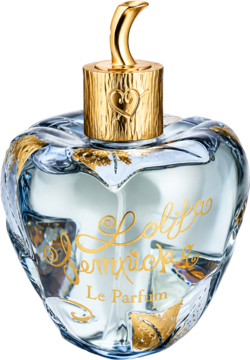 Perfumy Lolita Lempicka Le Parfum, sercowata butelka z przezroczystego szkła ze złotymi zdobieniami i korkiem.