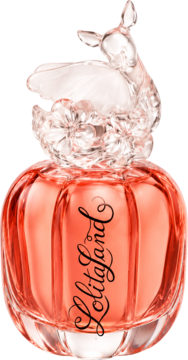 Woda perfumowana LolitaLand w okrągłej różowej butelce ze zdobionym, przezroczystym korkiem w kształcie skrzydlatego stworzenia.