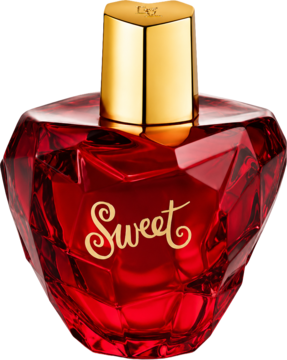 Lolita Lempicka Sweet, czerwony fasetowany flakon perfum w kształcie serca, ze złotą nakrętką i napisem "Sweet".