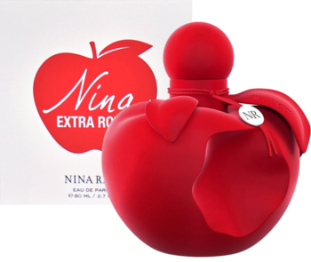 Nina Ricci Nina Extra Rouge woda perfumowana w matowej, czerwonej butelce w kształcie jabłka, przed białym pudełkiem.