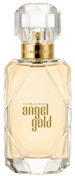 Victoria's Secret Angel Gold, butelka złotej wody perfumowanej o fasetowanym szkle i kryształowej zakrętce.