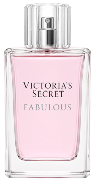 Frontalny widok butelki perfum Victoria's Secret Fabulous. Różowy płyn, elegancki szklany flakon, srebrny atomizer.