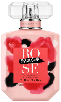 Victoria's Secret Hardcore Rose Eau de Parfum, 50ml, w różowej butelce z czerwono-czarnym kwiatowym wzorem.