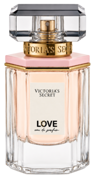 Victoria's Secret Love woda perfumowana, prostokątna butelka z różowym płynem, złotymi detalami, przezroczysty korek.