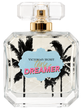 Victoria's Secret Tease Dreamer, flakon perfum. Przezroczysta butelka z etykietą z palmami, świeży, morski zapach, z przodu.