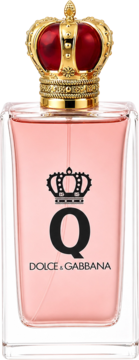 Perfumy Dolce&Gabbana Q: flakon z różowym płynem, złota korona, czarne "Q" i napis, widok z przodu.