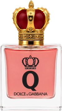 Perfumy damskie Q by Dolce & Gabbana Intense, różowy płyn w szklanej butelce z królewską koroną.