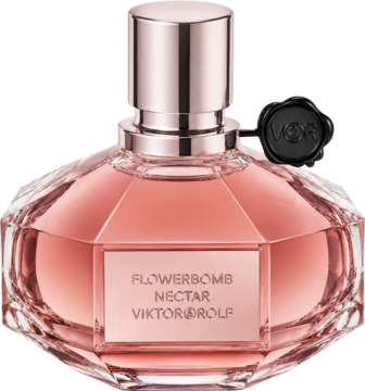 Woda perfumowana Viktor & Rolf Flowerbomb Nectar w różowym, fasetowanym flakonie z rose gold nakrętką, widok z przodu.