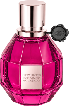 Flakon perfum Flowerbomb Ruby Orchid Viktor&Rolf, jaskrawy fuksjowy, fasetowany, ze złotym korkiem, widok z przodu.