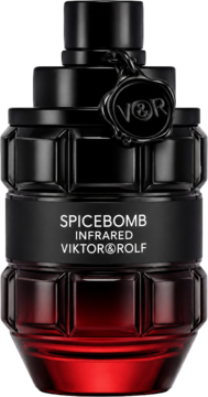 Viktor & Rolf Spicebomb Infrared, czarno-czerwony flakon wody toaletowej w kształcie granatu, widok z przodu.