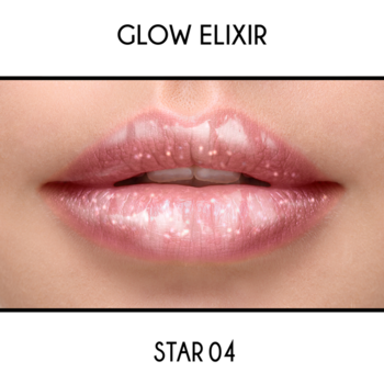 Glow Elixir Lip Oil Be Glamour Star 04 na ustach, widok z bliska. Usta lśniące, różowe, powiększone, z brokatem.