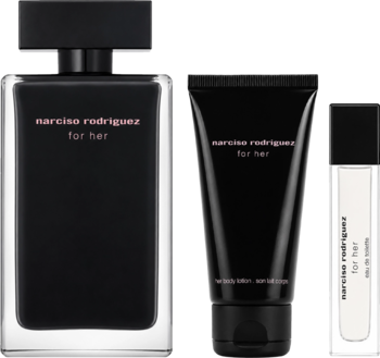 Zestaw Narciso Rodriguez for Her: czarna prostokątna butelka wody toaletowej, balsam i miniatura perfum, widok z przodu.