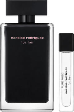 Zestaw Narciso Rodriguez for Her: czarna perfuma 100ml i Pure Musc 10ml, obie w prostych flakonach, widok z przodu.