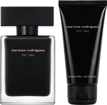 Czarny zestaw Narciso Rodriguez for Her: woda toaletowa i balsam do ciała z białym napisem, widok z przodu.