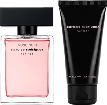 Zestaw prezentowy Narciso Rodriguez For Her Musc Noir: różowa woda perfumowana i czarny balsam do ciała, na czarnym tle.