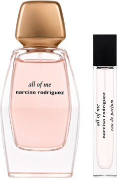 Zestaw perfum Narciso Rodriguez All Of Me: elegancki flakon 90ml i miniatura 10ml, różowe edp, na czarnym tle.