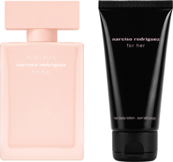 Zestaw Narciso Rodriguez: For Her Musc Nude w różowej, matowej butelce i czarny balsam obok.